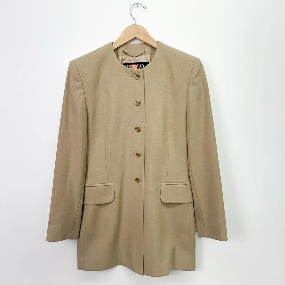 Escada by Margaretha Ley Tan Wool Blend Long Line 5 Button Collarless High Neck